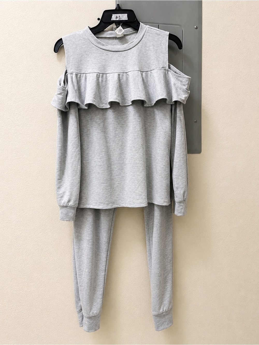 Ing Light Gray Cold-Shoulder Ruffle Sweatshirt & Joggers Set